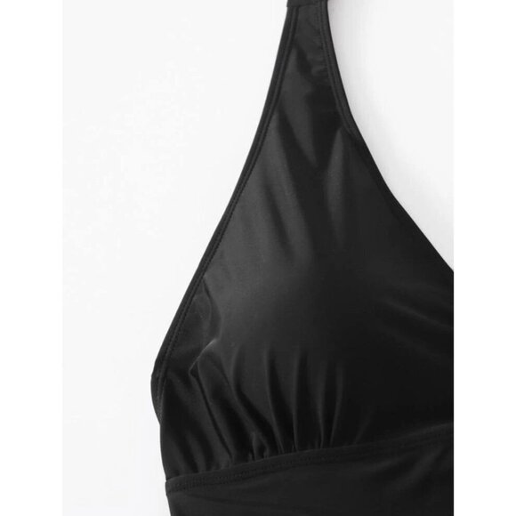NWOT One Piece Swimsuit Plus Ruched Backless HalterTie Removable Cups 3XL Black - Picture 4 of 12